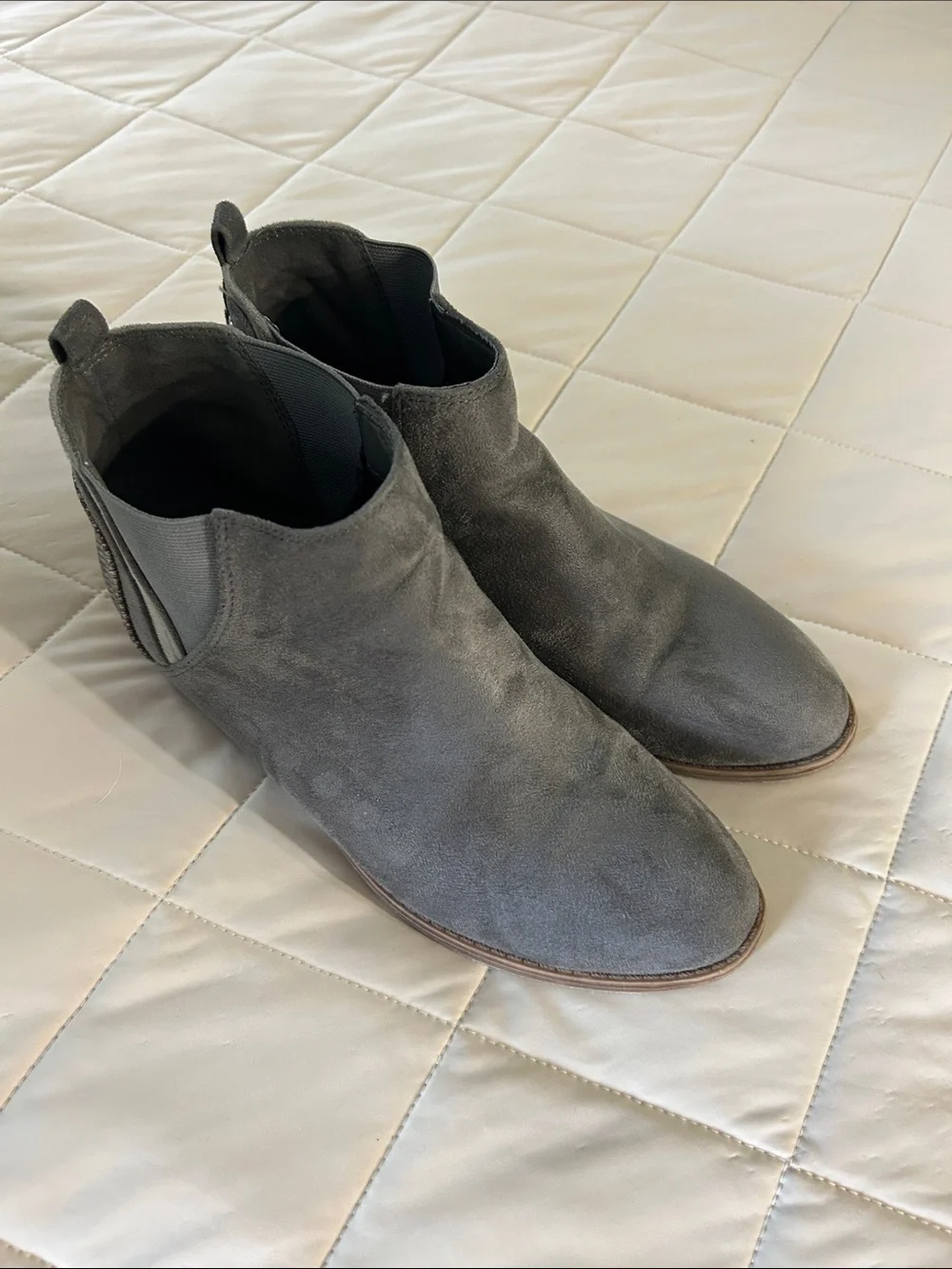 Grey Suede Chelsea Ankle Booties with Textured Heel